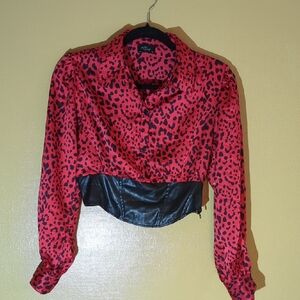 Red Long Sleeve Button Down With Faux Leather Blouse, Medium Size .